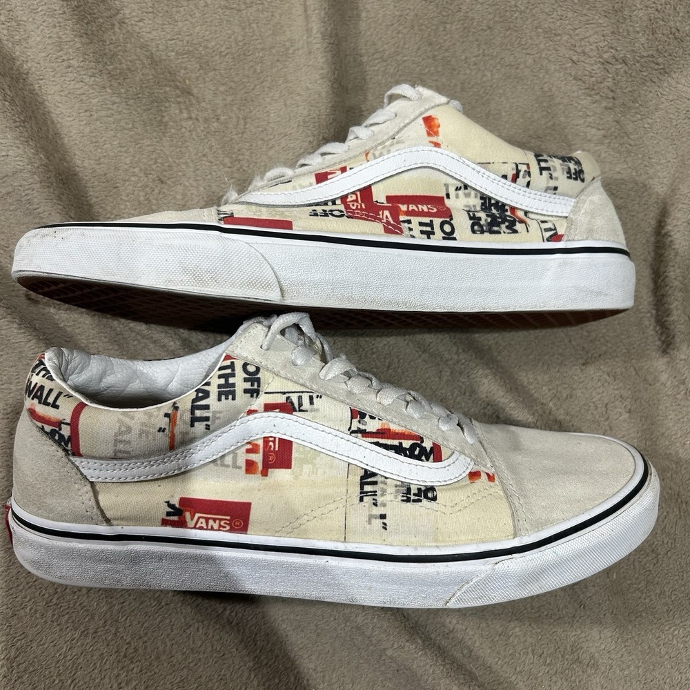 Vans Old Skool Mens 11.5 Off The Wall Logo Box Print Skate Shoes Cream Red